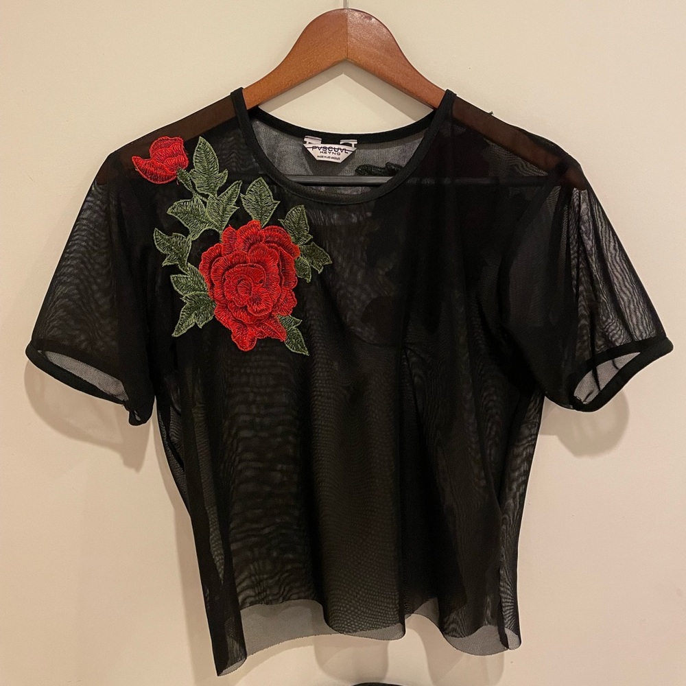 LF sheer black and red embroidered crop top